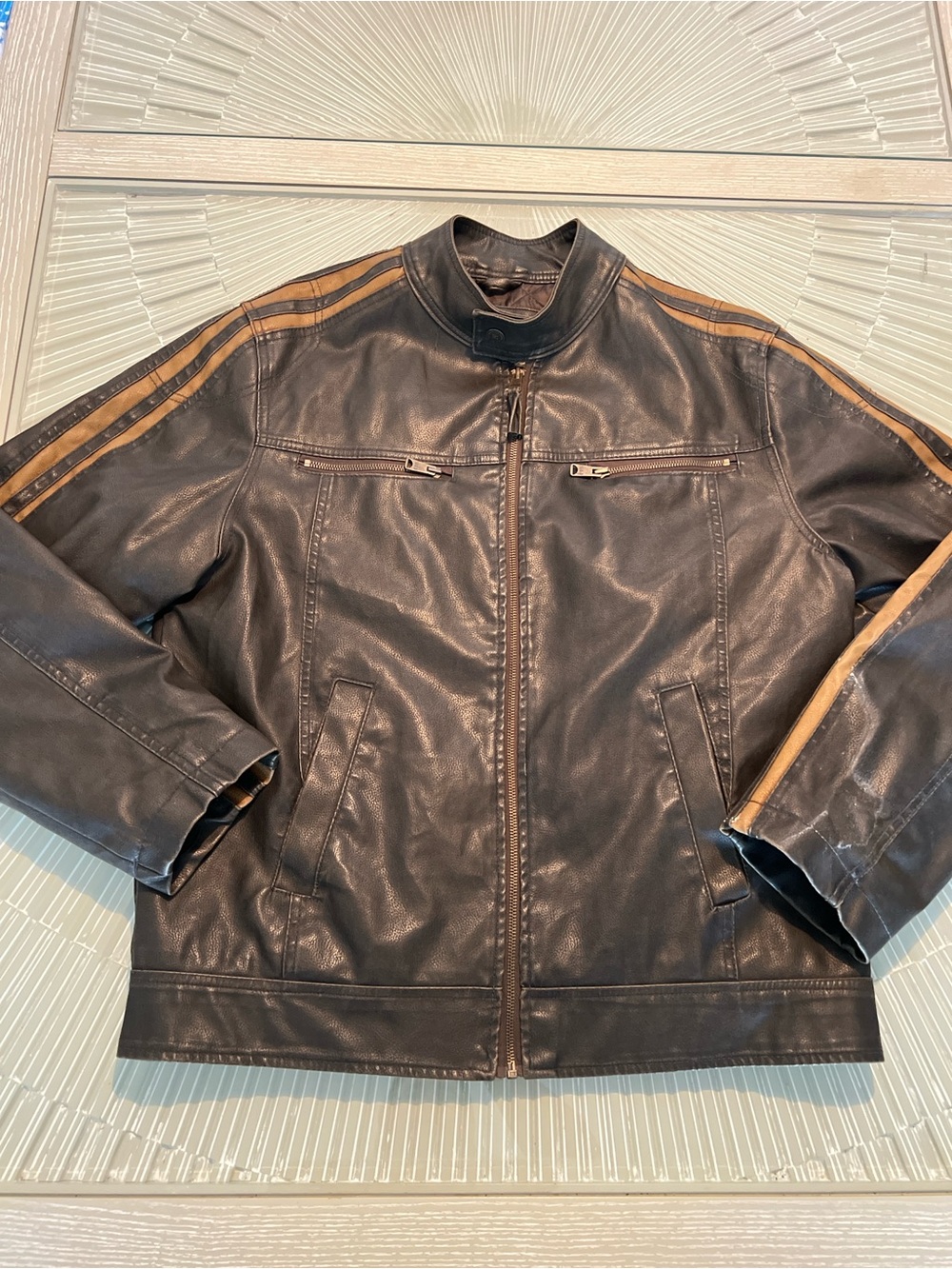 Arizona Jean Company Black Leather Bomber Jacket with Brown Stripes
